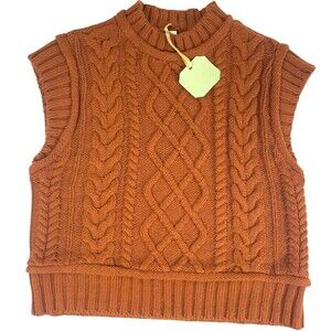 NWT RYEGRASS Cable Knit Burnt Orange  Fisherman High Neck Sweater Vest S FLAW